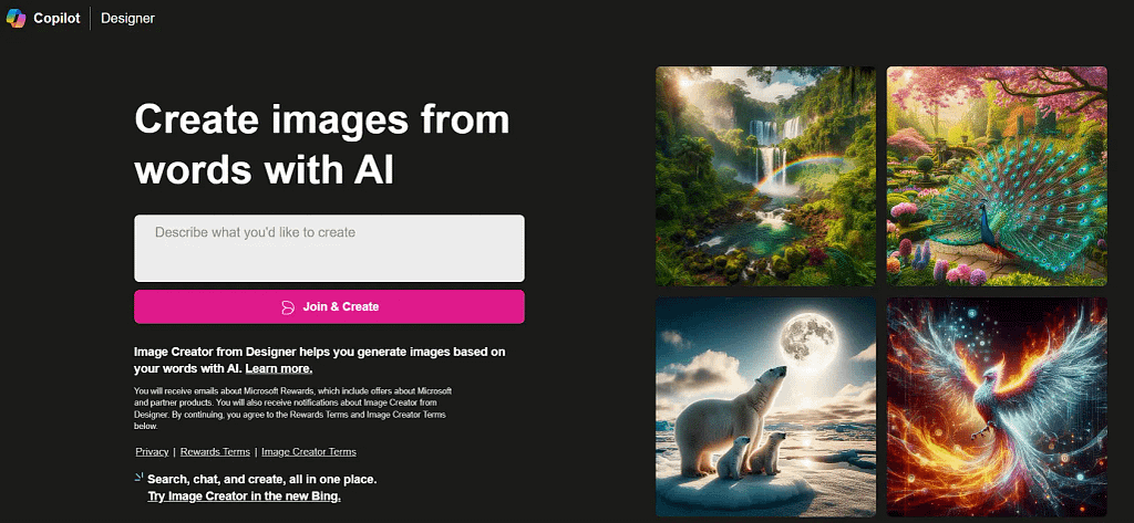 A picture of user-interface of bing ai image creator